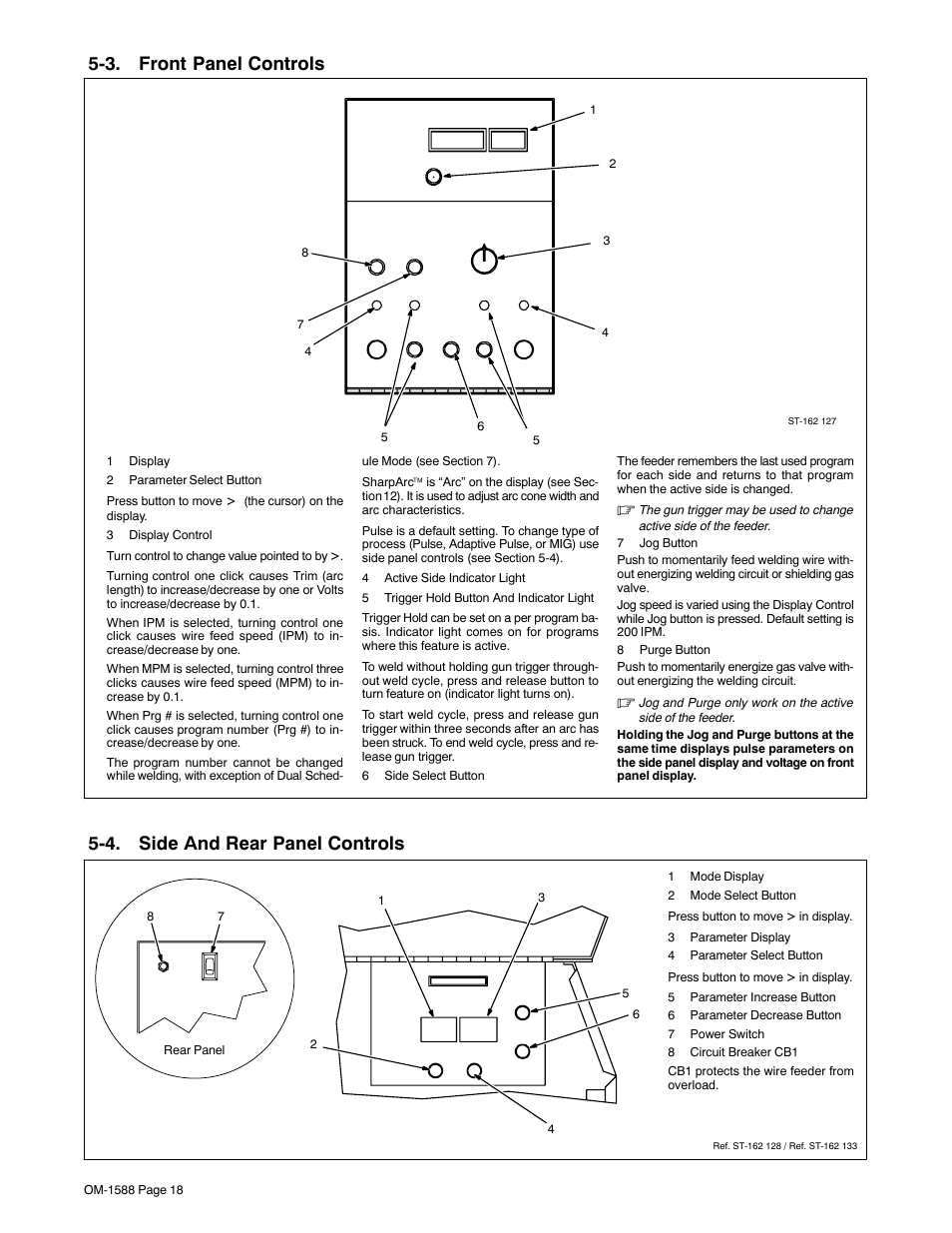 3. front panel controls, 4. side and rear panel controls | Miller Electric DS-64M Swingarc User Manual | Page 22 / 60