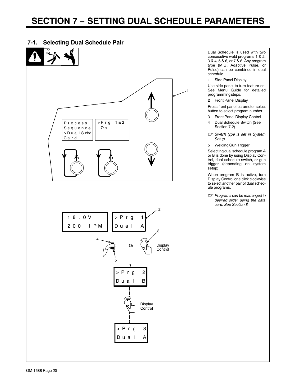 Section 7 − setting dual schedule parameters, 1. selecting dual schedule pair | Miller Electric DS-64M Swingarc User Manual | Page 24 / 60
