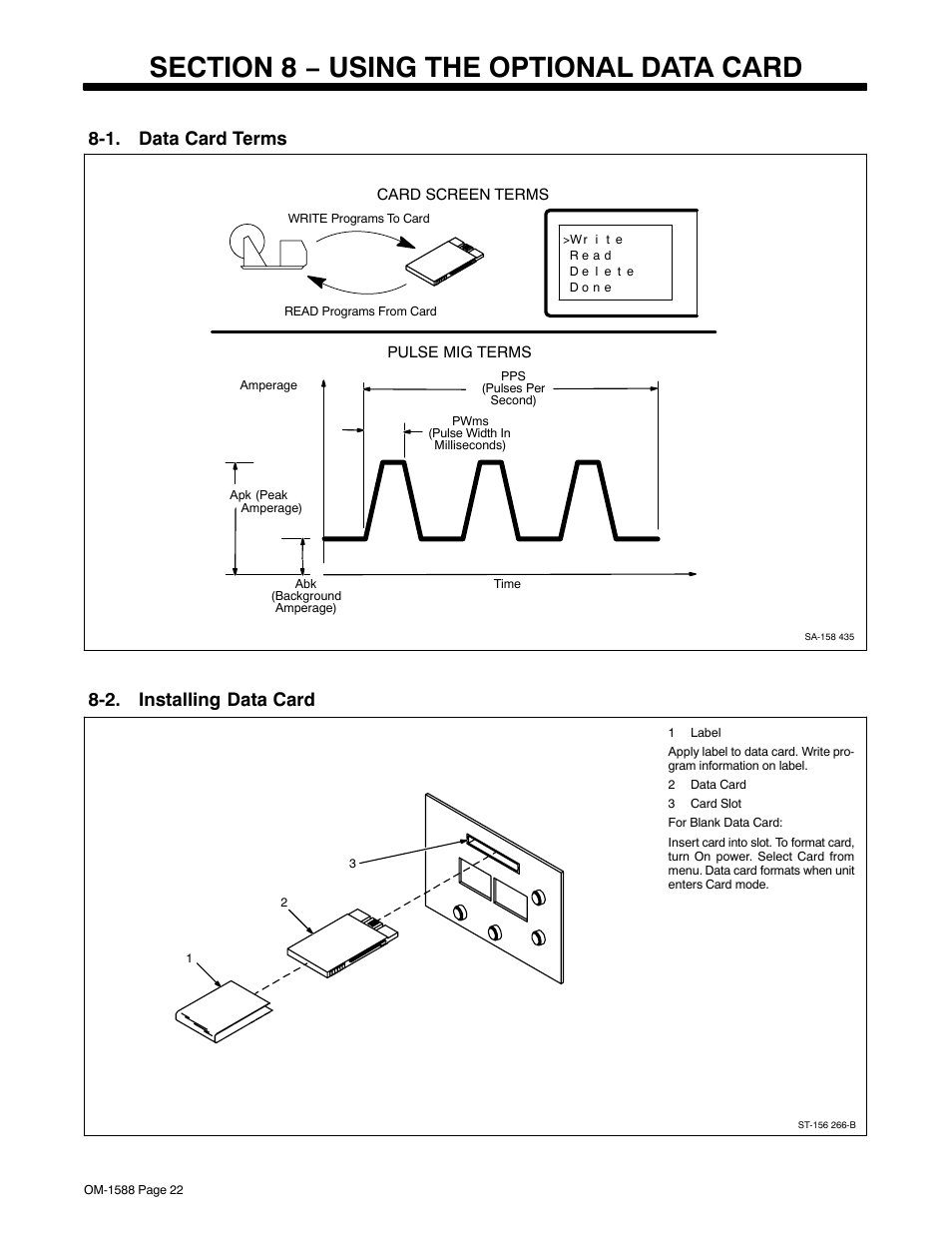 Section 8 − using the optional data card, 1. data card terms, 2. installing data card | Miller Electric DS-64M Swingarc User Manual | Page 26 / 60