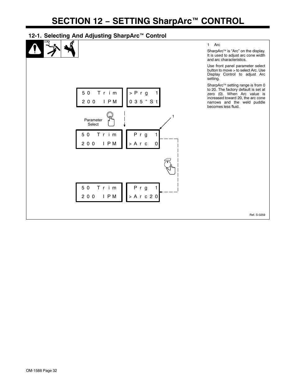 Section 12 − setting sharparce control, 1. selecting and adjusting sharparce control, 1. selecting and adjusting sharparc e control | Miller Electric DS-64M Swingarc User Manual | Page 36 / 60