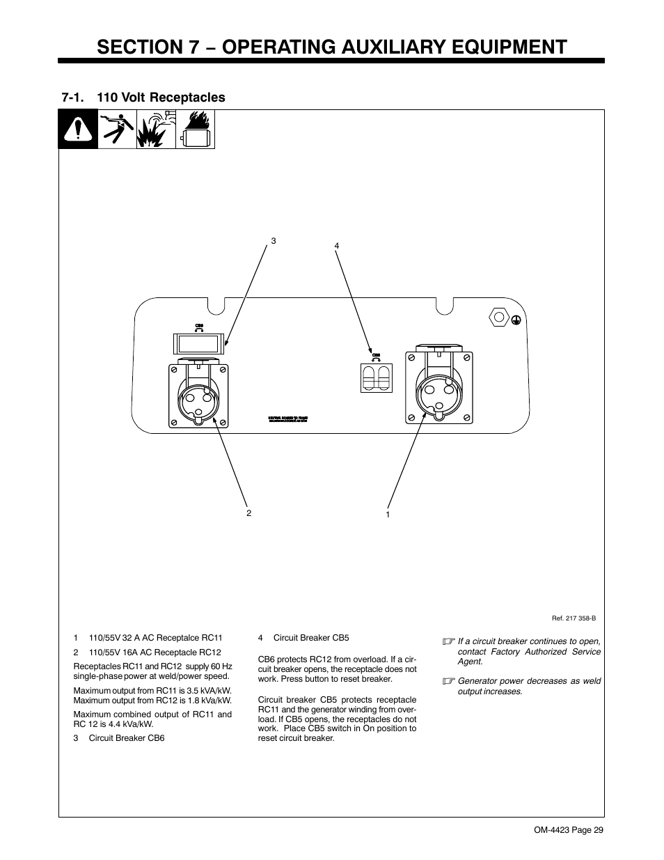 Section 7 − operating auxiliary equipment, 1. 110 volt receptacles | Miller Electric Big Blue 400 KX User Manual | Page 35 / 72