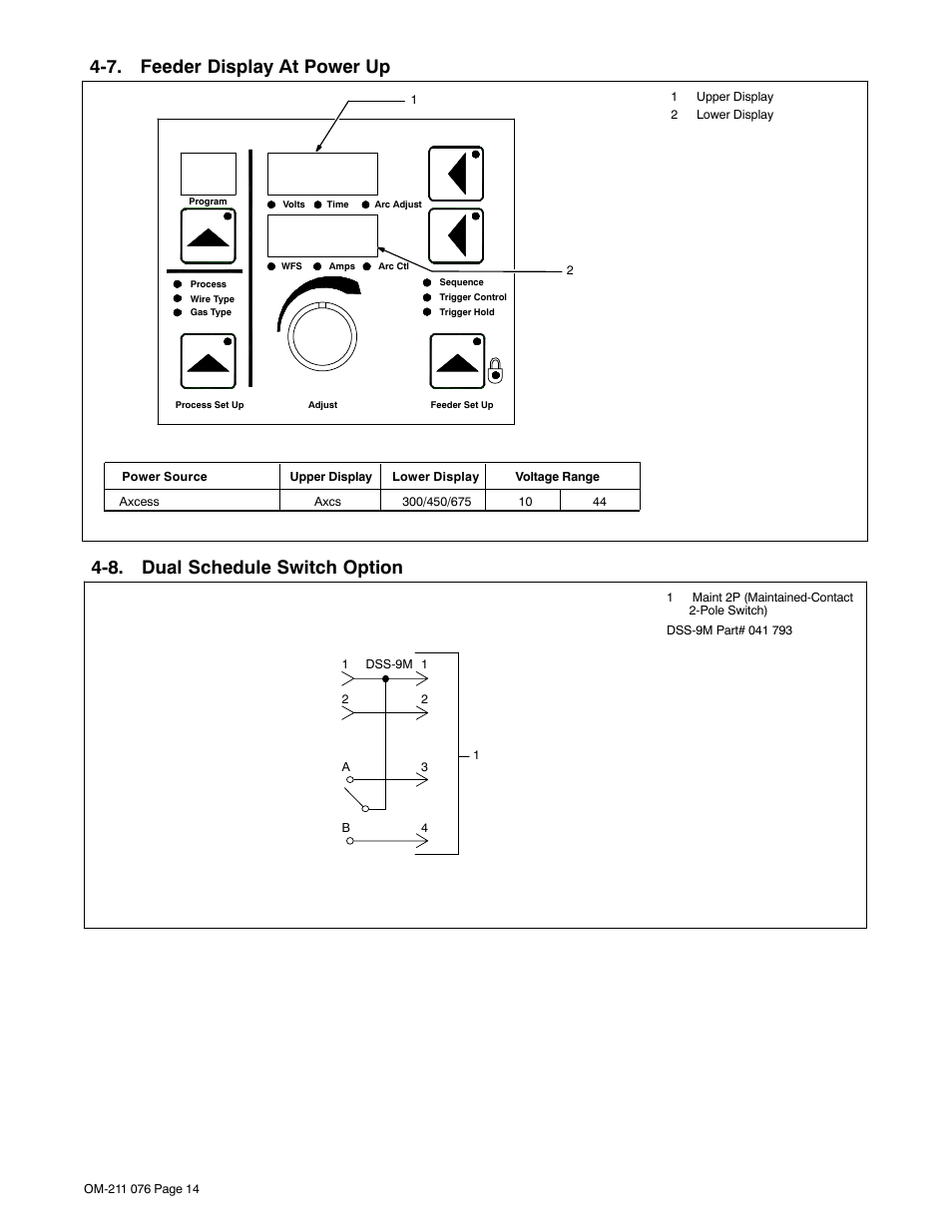 7. feeder display at power up, 8. dual schedule switch option | Miller Electric Axcess User Manual | Page 18 / 44