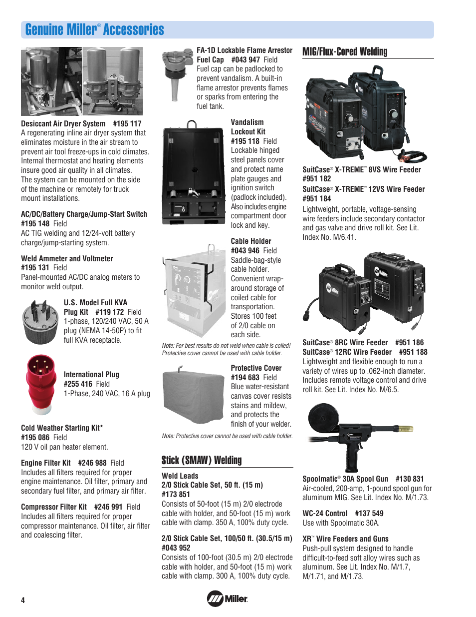 Genuine miller, Accessories, Stick (smaw) welding | Mig/flux-cored welding | Miller Electric Engine-Driven Welder/ AC Generator/Air Compressor User Manual | Page 4 / 8