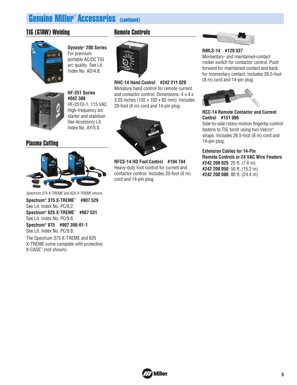 Genuine miller, Accessories, Tig (gtaw) welding | Plasma cutting, Remote controls | Miller Electric Engine-Driven Welder/ AC Generator/Air Compressor User Manual | Page 5 / 8