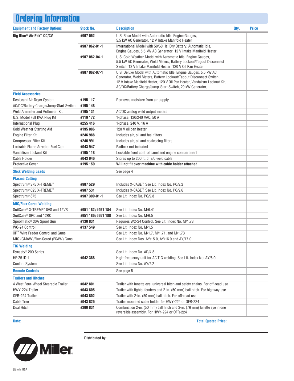 Ordering information | Miller Electric Engine-Driven Welder/ AC Generator/Air Compressor User Manual | Page 8 / 8