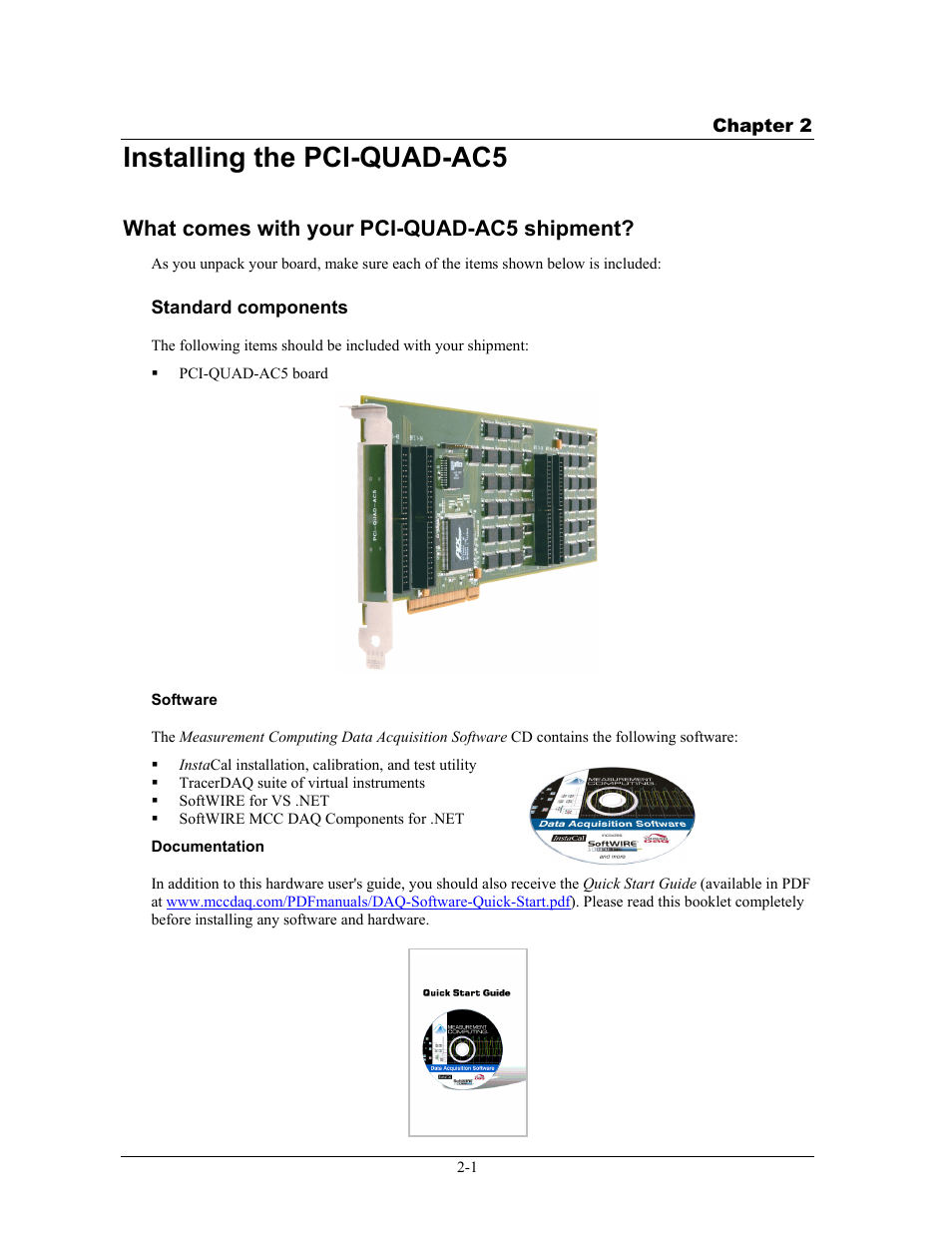 Installing the pci-quad-ac5, What comes with your pci-quad-ac5 shipment, Standard components | Software, Documentation, Installing the pci-quad-ac5 -1, What comes with your pci-quad-ac5 shipment? -1, Standard components -1 | Measurement Specialties PCI-QUAD-AC5 User Manual | Page 10 / 24