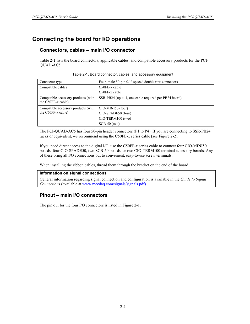 Connecting the board for i/o operations, Connectors, cables – main i/o connector, Pinout – main i/o connectors | Connecting the board for i/o operations -4, Connectors, cables – main i/o connector -4, Pinout – main i/o connectors -4 | Measurement Specialties PCI-QUAD-AC5 User Manual | Page 13 / 24