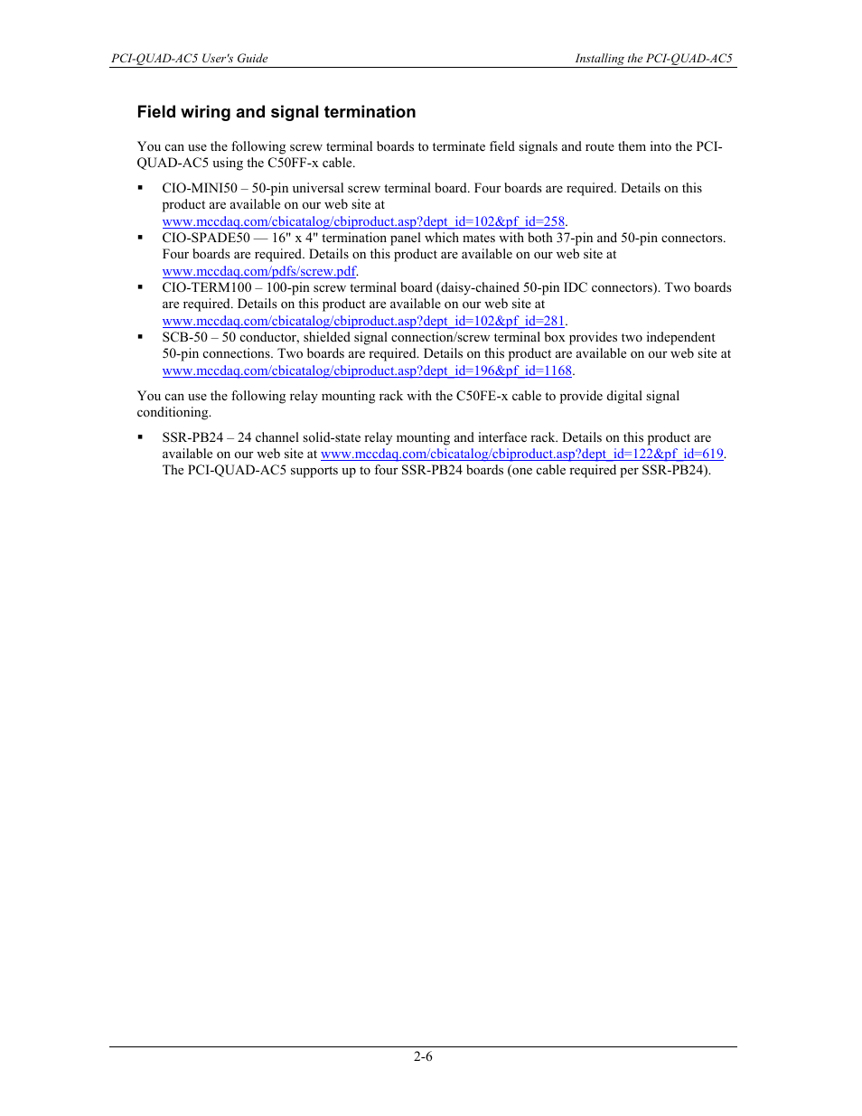 Field wiring and signal termination, Field wiring and signal termination -6 | Measurement Specialties PCI-QUAD-AC5 User Manual | Page 15 / 24