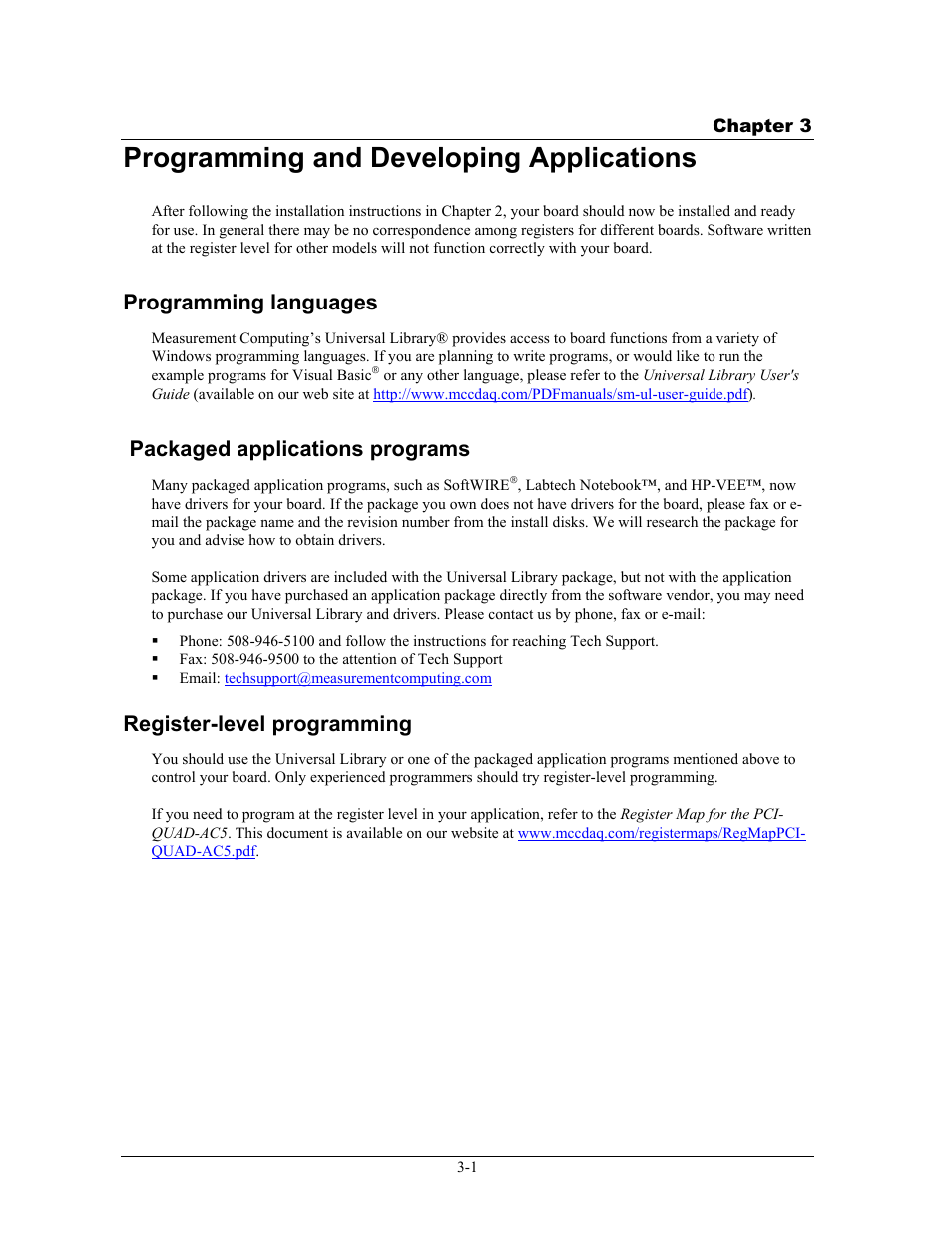 Programming and developing applications, Programming languages, Packaged applications programs | Register-level programming, Programming and developing applications -1, Programming languages -1, Packaged applications programs -1, Register-level programming -1 | Measurement Specialties PCI-QUAD-AC5 User Manual | Page 16 / 24