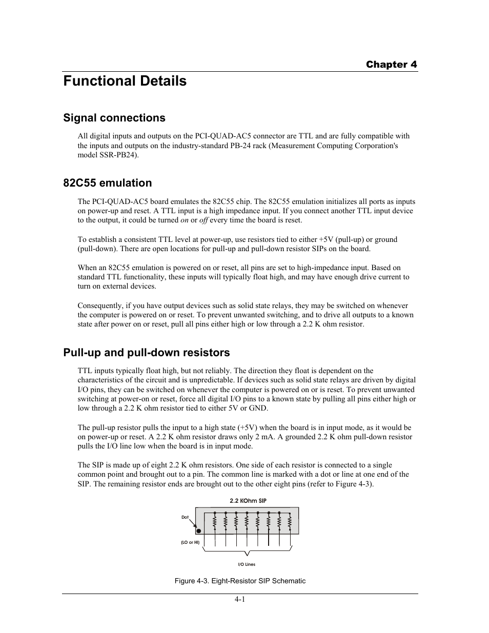 Functional details, Signal connections, 82c55 emulation | Pull-up and pull-down resistors, Functional details -1, Signal connections -1, 82c55 emulation -1, Pull-up and pull-down resistors -1 | Measurement Specialties PCI-QUAD-AC5 User Manual | Page 17 / 24