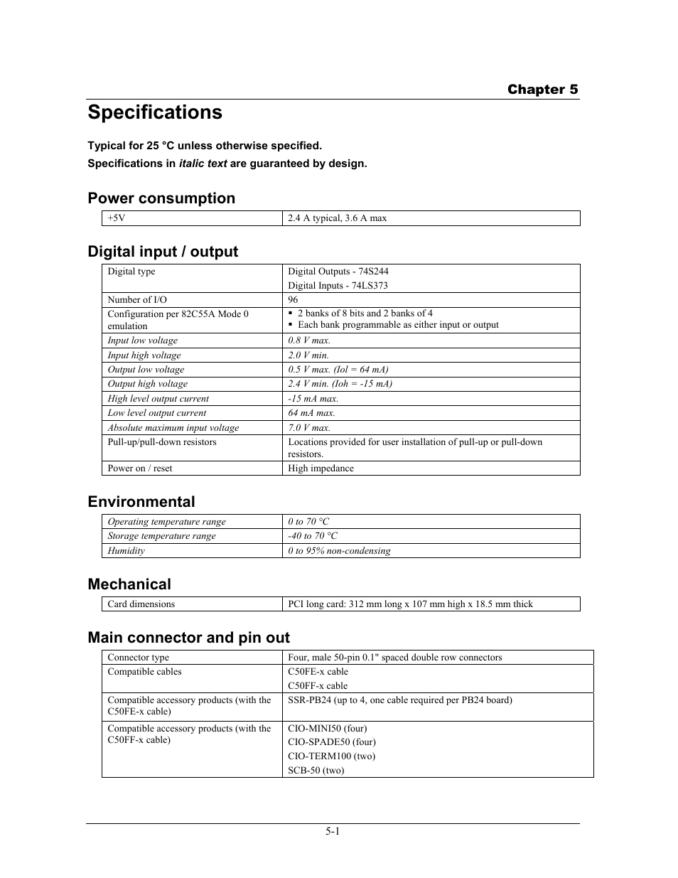 Specifications, Power consumption, Digital input / output | Environmental, Mechanical, Main connector and pin out, Specifications -1, Power consumption -1, Digital input / output -1, Environmental -1 | Measurement Specialties PCI-QUAD-AC5 User Manual | Page 20 / 24