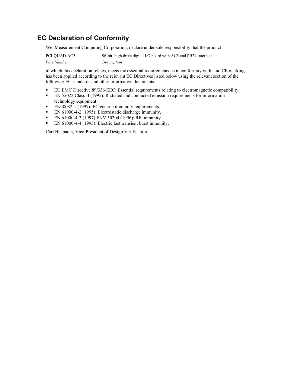 Ec declaration of conformity | Measurement Specialties PCI-QUAD-AC5 User Manual | Page 23 / 24