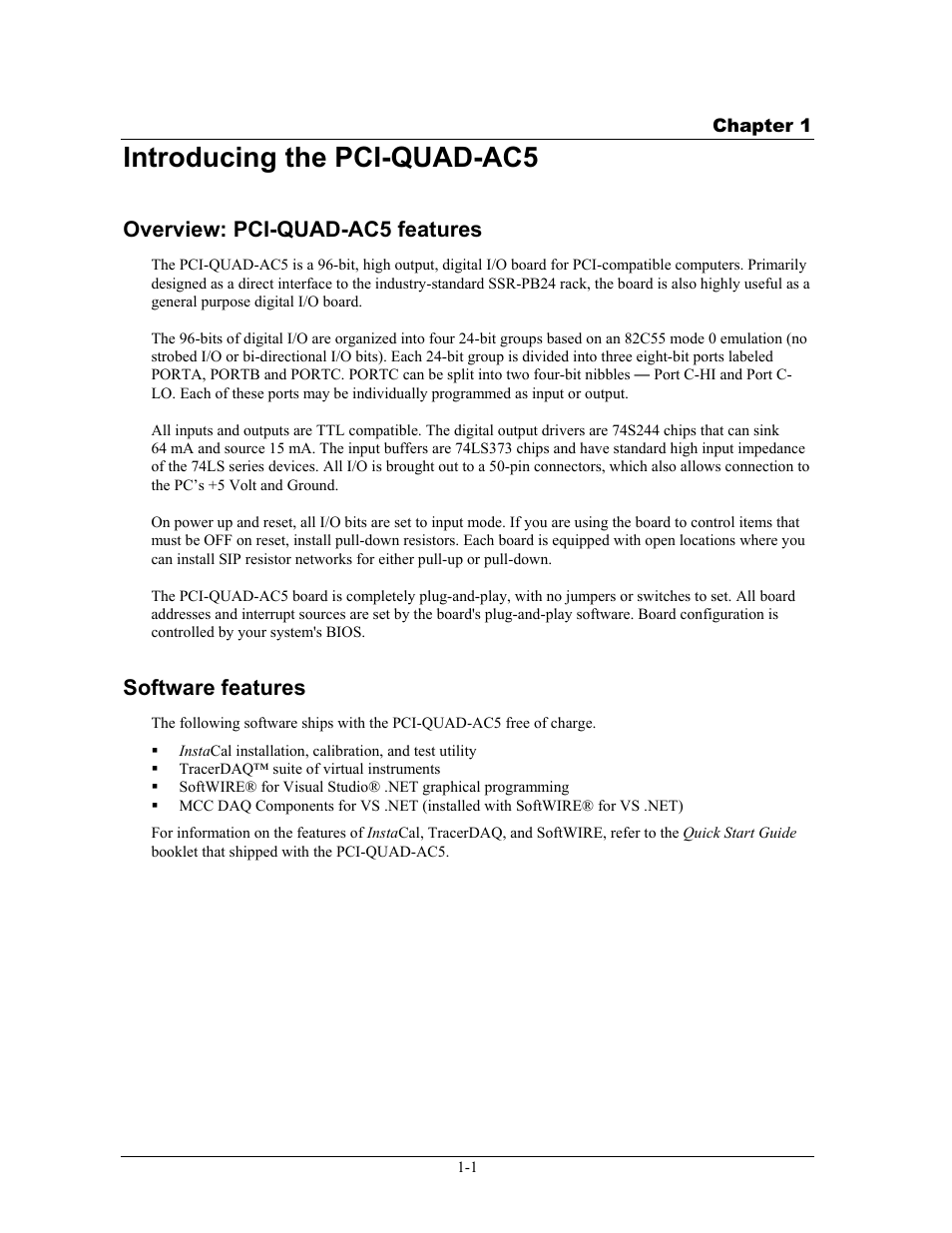 Introducing the pci-quad-ac5, Overview: pci-quad-ac5 features, Software features | Introducing the pci-quad-ac5 -1, Overview: pci-quad-ac5 features -1, Software features -1 | Measurement Specialties PCI-QUAD-AC5 User Manual | Page 8 / 24