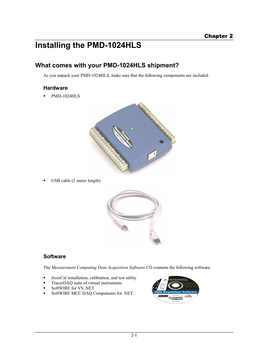 Installing the pmd-1024hls, What comes with your pmd-1024hls shipment, Hardware | Software, Installing the pmd-1024hls -1, What comes with your pmd-1024hls shipment? -1, Hardware -1, Software -1, 2 installing the pmd, 1024hls | Measurement Specialties PMD-1024HLS User Manual | Page 10 / 23