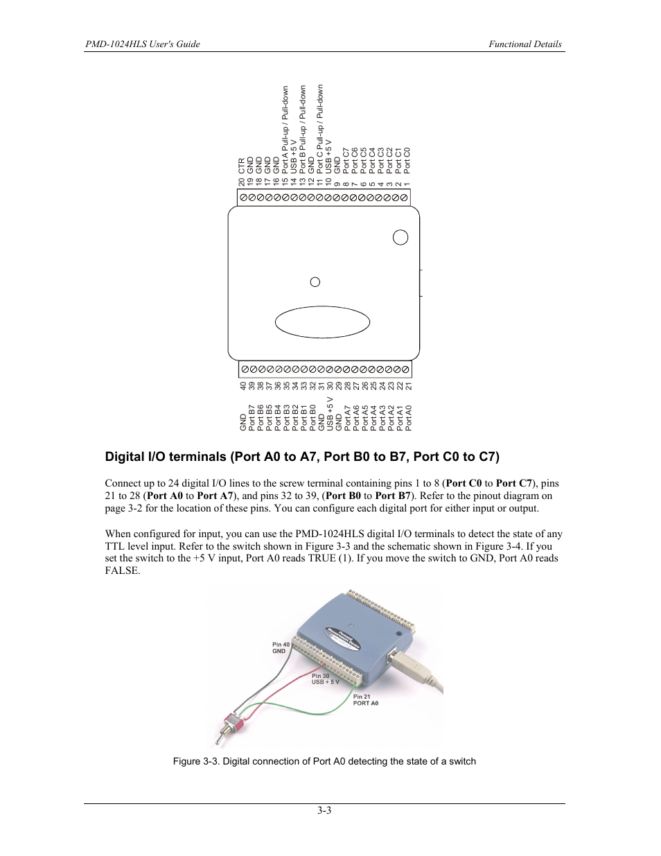 Digital i/o terminals \(port a0 to a7, port b0 t, Figure 3-4 | Measurement Specialties PMD-1024HLS User Manual | Page 15 / 23