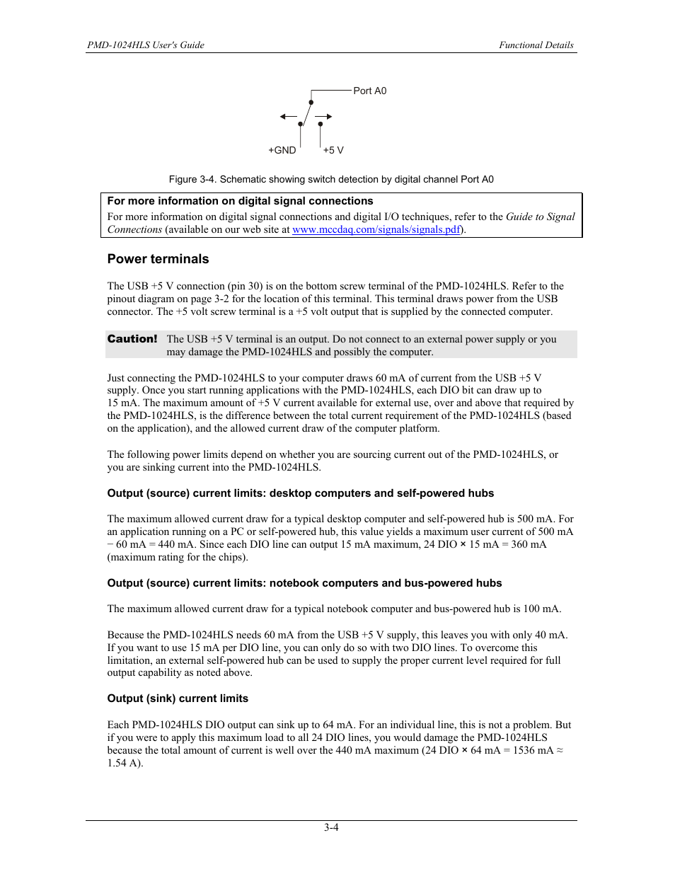 Power terminals, Output (sink) current limits, Power terminals -4 | Figure 3-4 | Measurement Specialties PMD-1024HLS User Manual | Page 16 / 23