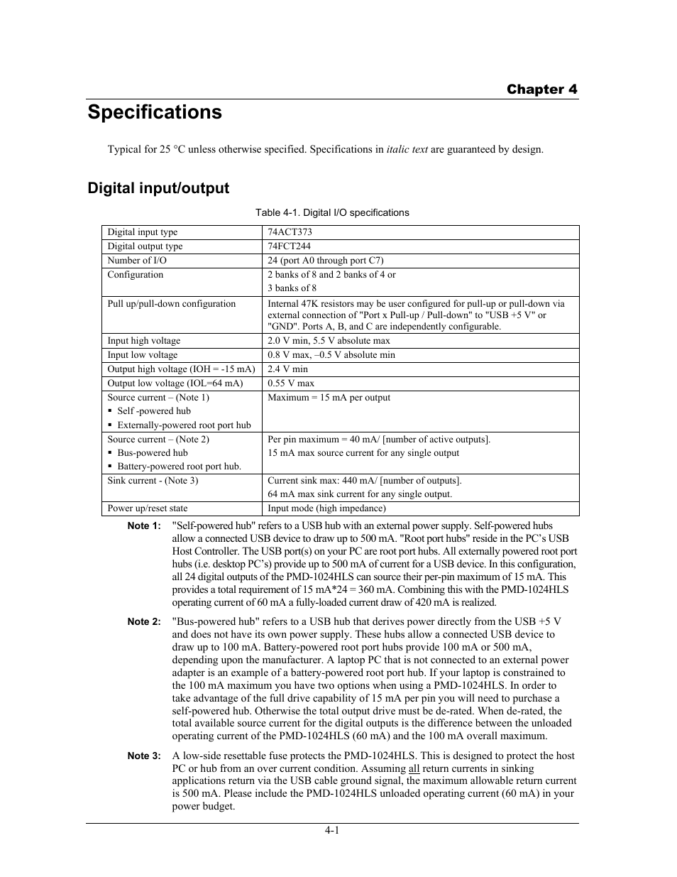 Specifications, Digital input/output, Specifications -1 | Digital input/output -1 | Measurement Specialties PMD-1024HLS User Manual | Page 19 / 23