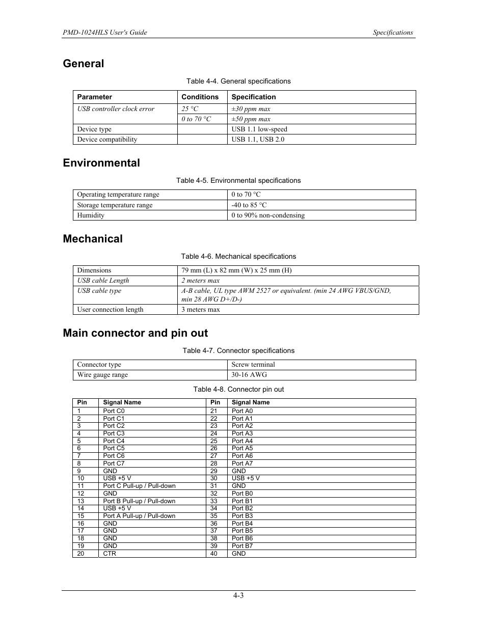 General, Environmental, Mechanical | Main connector and pin out, General -3, Environmental -3, Mechanical -3, Main connector and pin out -3 | Measurement Specialties PMD-1024HLS User Manual | Page 21 / 23