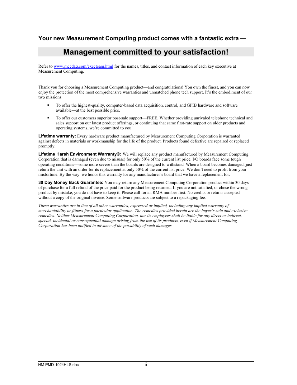 Management committed to your satisfaction | Measurement Specialties PMD-1024HLS User Manual | Page 3 / 23