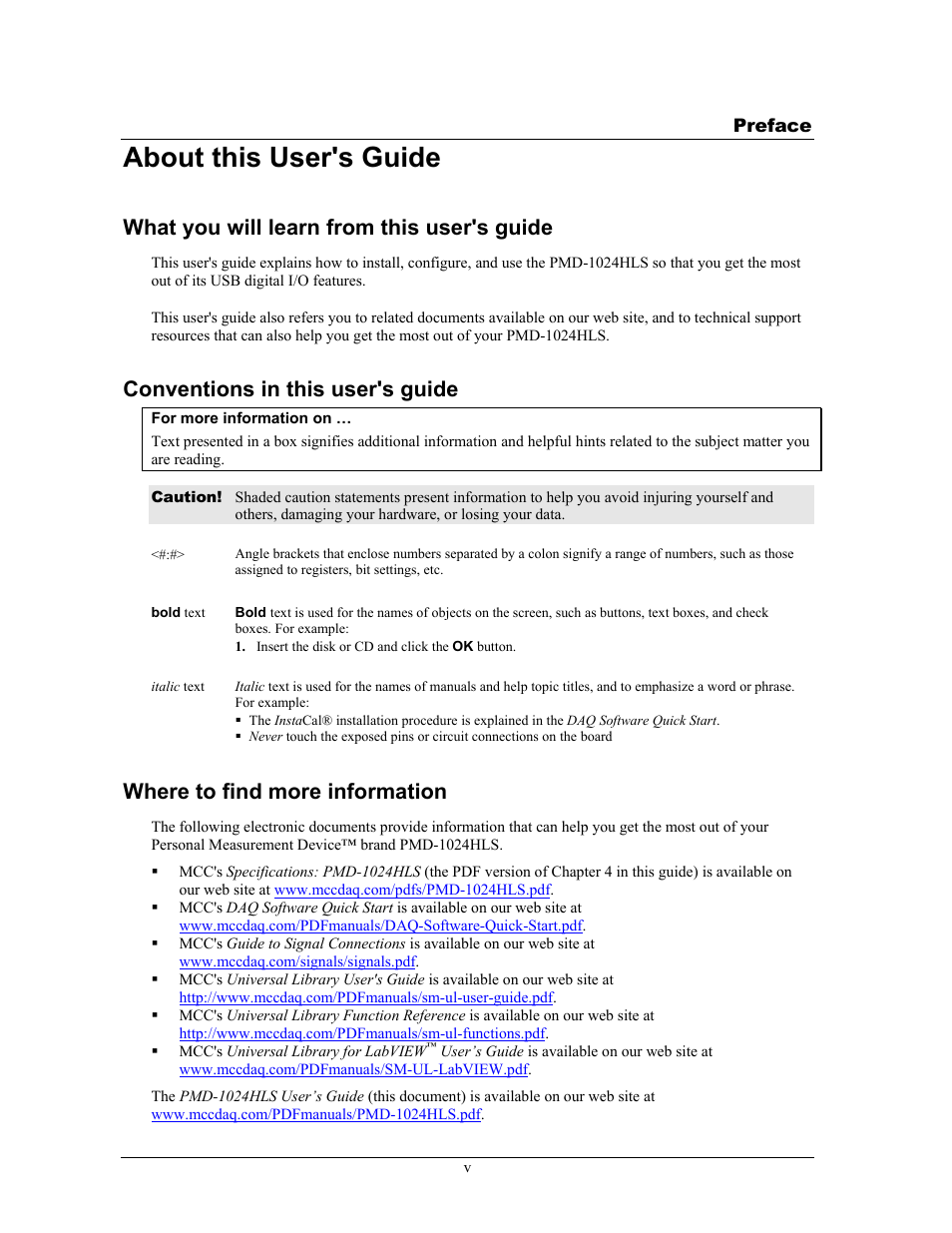 Preface, About this user's guide, What you will learn from this user's guide | Conventions in this user's guide, Where to find more information | Measurement Specialties PMD-1024HLS User Manual | Page 6 / 23