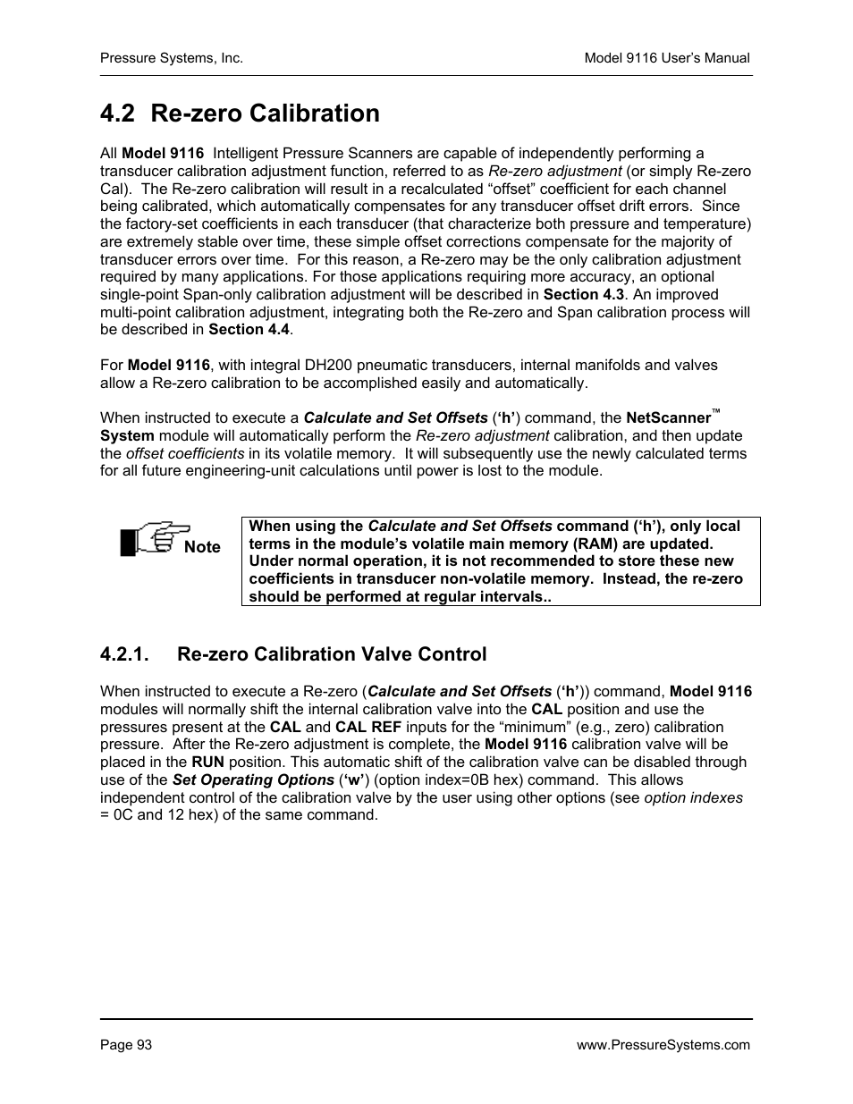 2 re-zero calibration, Re-zero calibration valve control | Measurement Specialties 9116 User Manual | Page 102 / 143