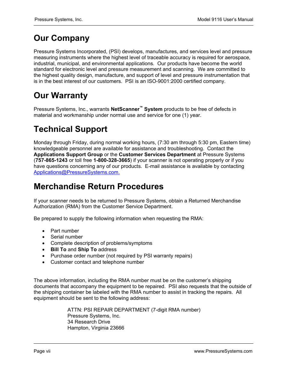 Our company, Our warranty, Technical support | Merchandise return procedures | Measurement Specialties 9116 User Manual | Page 8 / 143