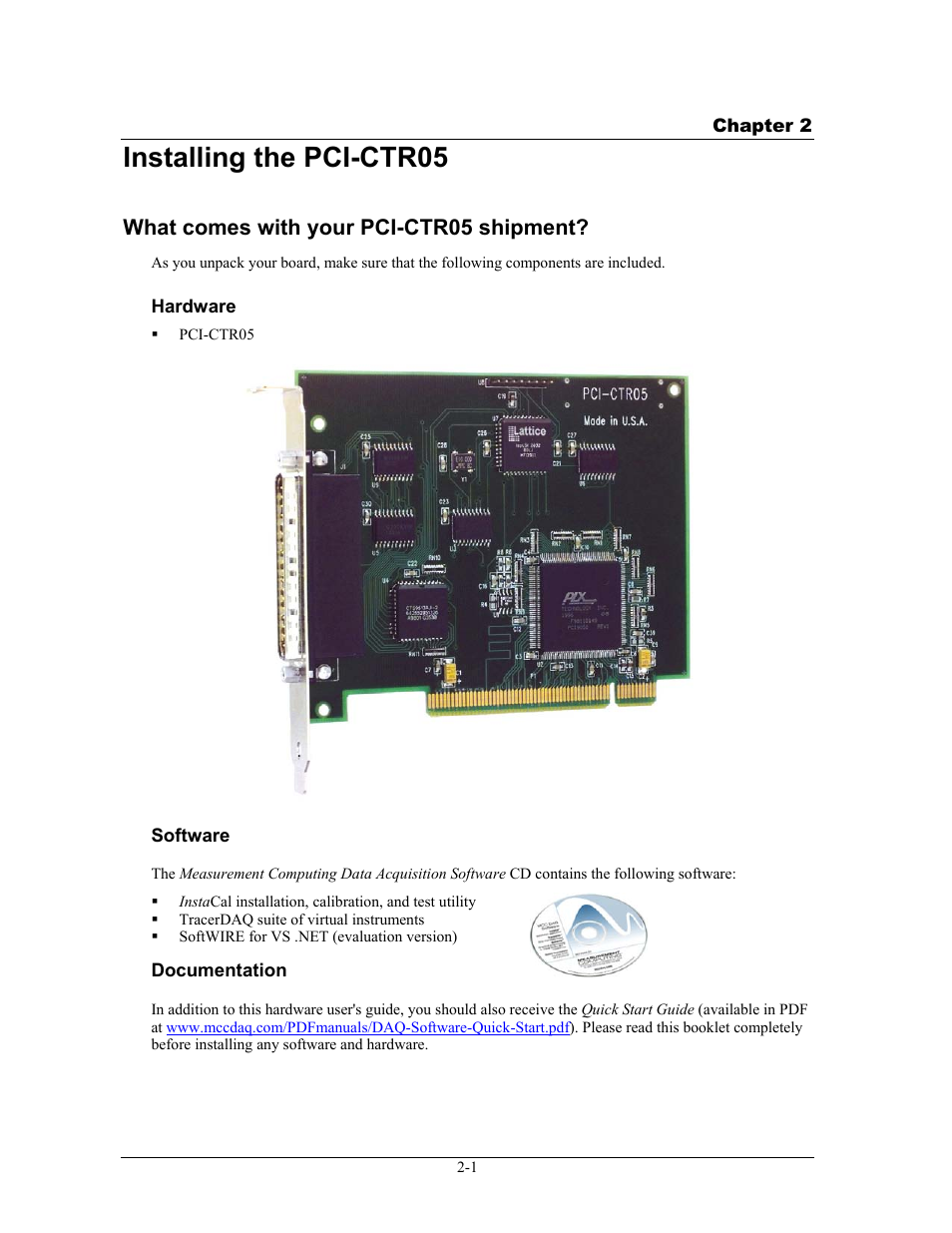 Installing the pci-ctr05, What comes with your pci-ctr05 shipment, Hardware | Software, Documentation, Installing the pci-ctr05 -1, What comes with your pci-ctr05 shipment? -1, Hardware -1, Software -1, Documentation -1 | Measurement Specialties PCI-CTR05 User Manual | Page 10 / 21