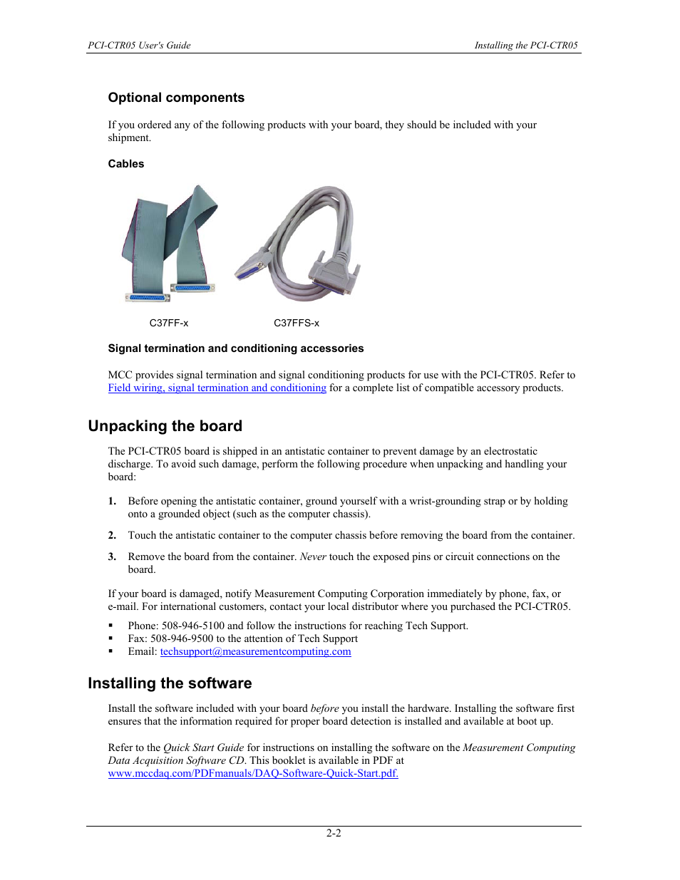 Optional components, Cables, Signal termination and conditioning accessories | Unpacking the board, Installing the software, Optional components -2, Unpacking the board -2, Installing the software -2 | Measurement Specialties PCI-CTR05 User Manual | Page 11 / 21