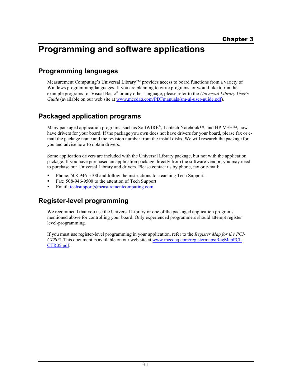 Programming and software applications, Programming languages, Packaged application programs | Register-level programming, Programming and software applications -1, Programming languages -1, Packaged application programs -1, Register-level programming -1 | Measurement Specialties PCI-CTR05 User Manual | Page 15 / 21