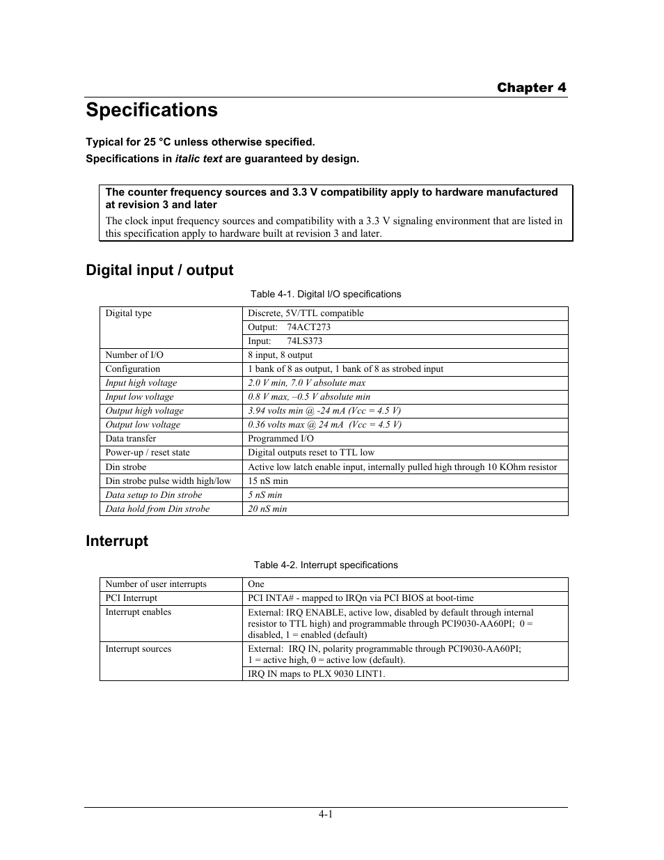 Specifications, Digital input / output, Interrupt | Specifications -1, Digital input / output -1, Interrupt -1 | Measurement Specialties PCI-CTR05 User Manual | Page 16 / 21