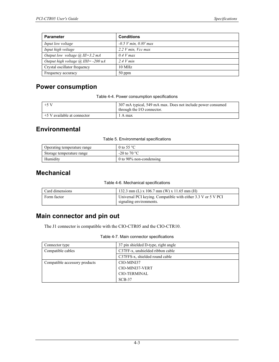 Power consumption, Environmental, Mechanical | Main connector and pin out, Power consumption -3, Environmental -3, Mechanical -3, Main connector and pin out -3 | Measurement Specialties PCI-CTR05 User Manual | Page 18 / 21