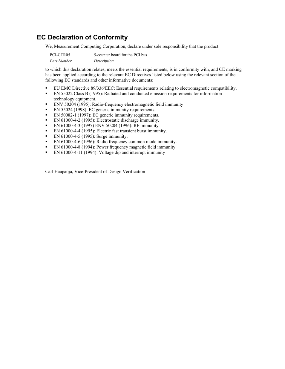 Ec declaration of conformity | Measurement Specialties PCI-CTR05 User Manual | Page 20 / 21