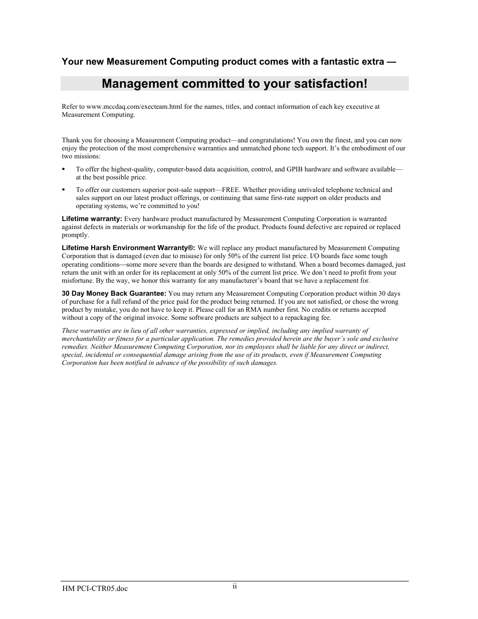 Management committed to your satisfaction | Measurement Specialties PCI-CTR05 User Manual | Page 3 / 21