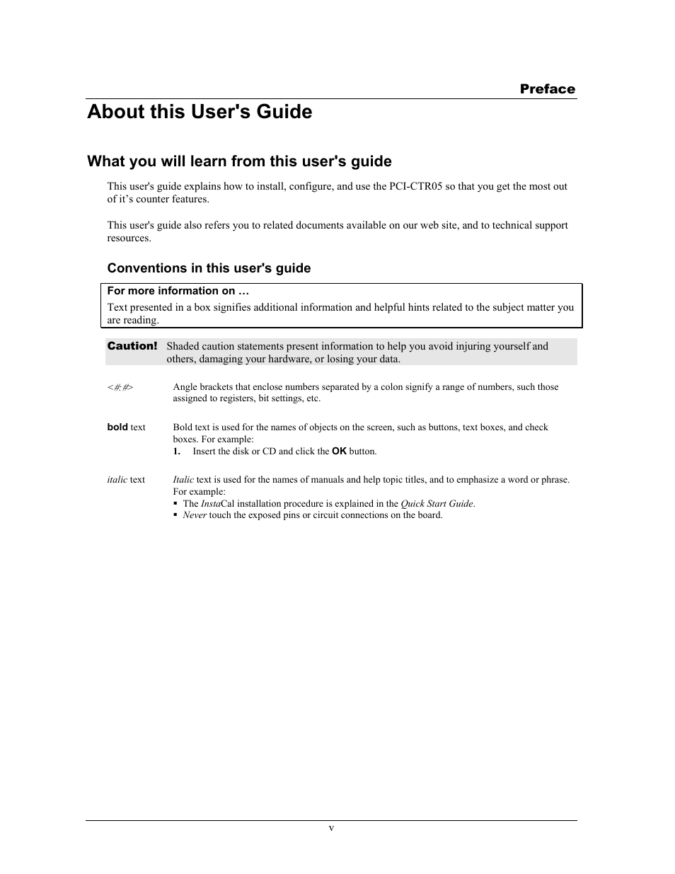 About this user's guide, What you will learn from this user's guide, Conventions in this user's guide | Measurement Specialties PCI-CTR05 User Manual | Page 6 / 21