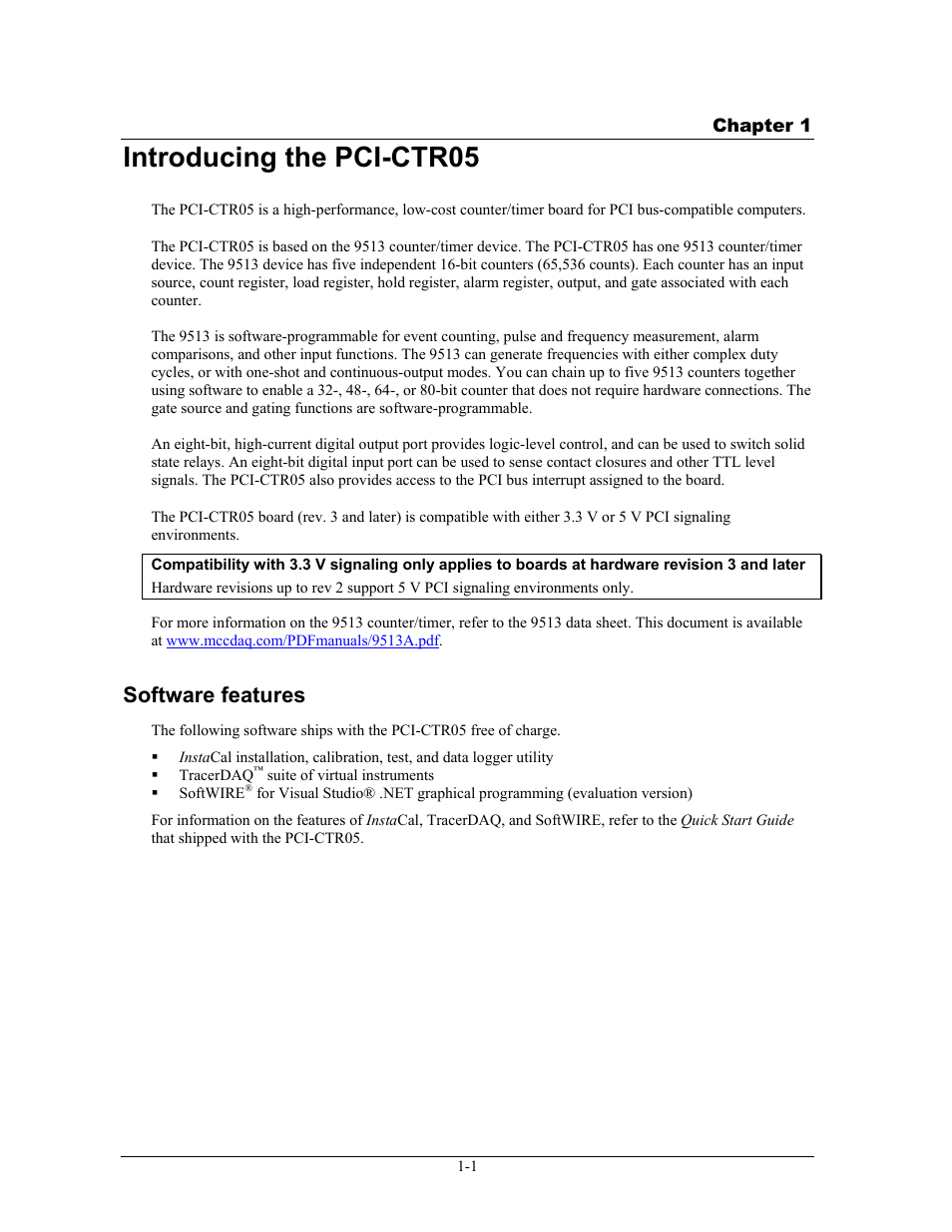 Introducing the pci-ctr05, Software features, Introducing the pci-ctr05 -1 | Software features -1 | Measurement Specialties PCI-CTR05 User Manual | Page 8 / 21