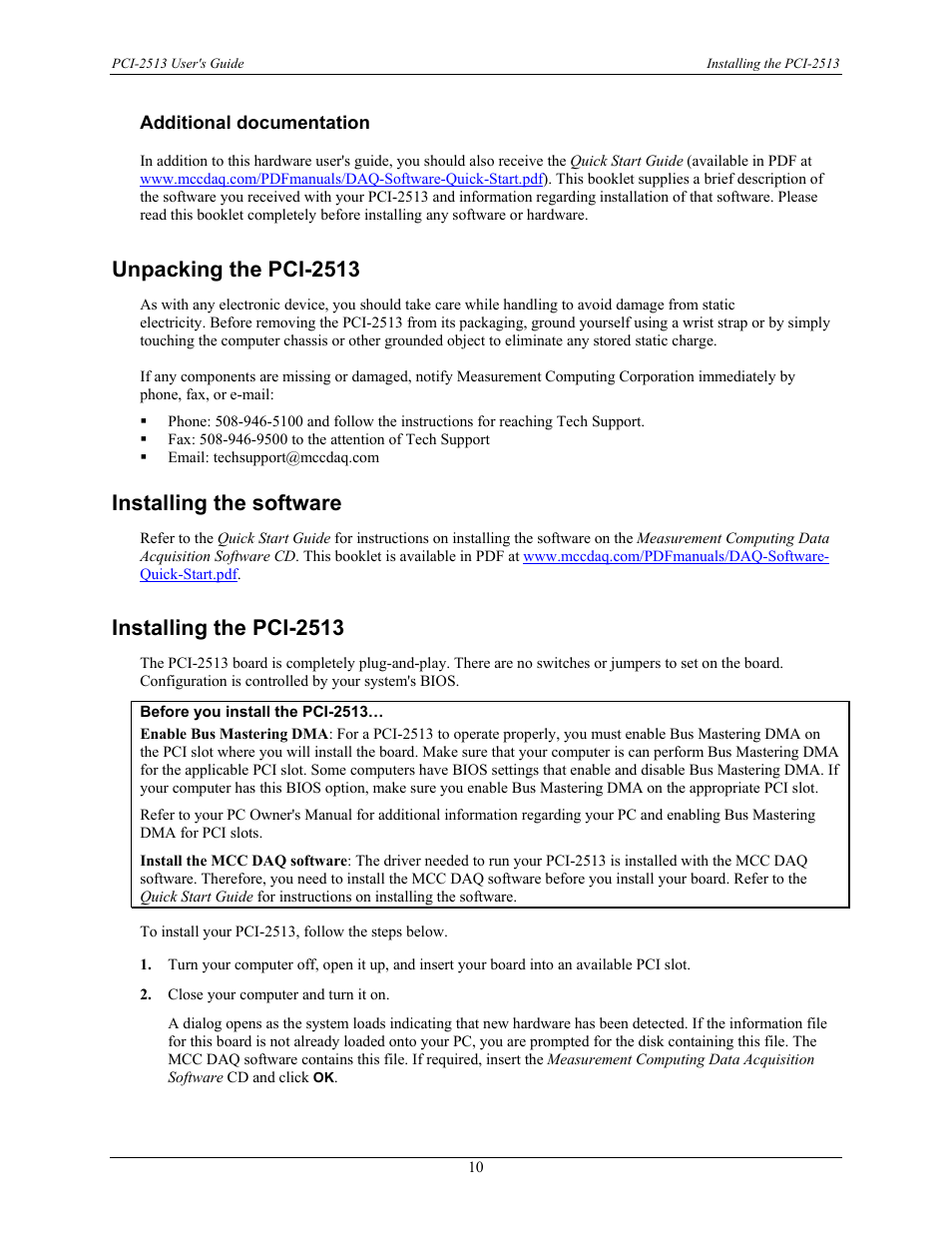 Additional documentation, Unpacking the pci-2513, Installing the software | Installing the pci-2513 | Measurement Specialties PCI-2513 User Manual | Page 10 / 34