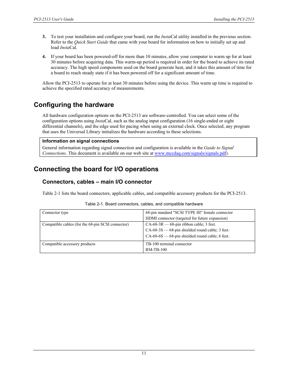 Configuring the hardware, Connecting the board for i/o operations, Connectors, cables – main i/o connector | Measurement Specialties PCI-2513 User Manual | Page 11 / 34