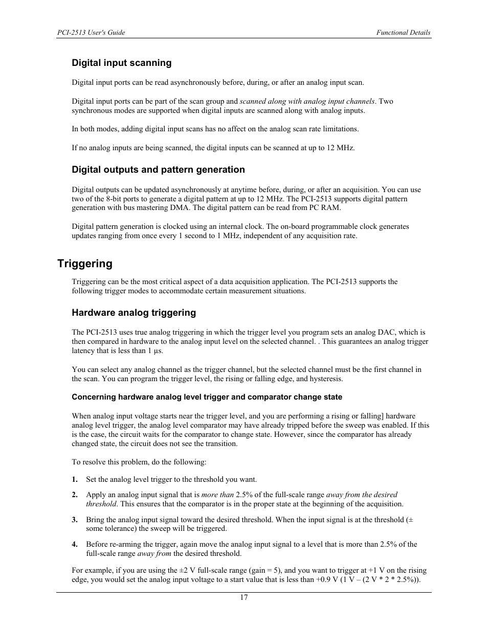 Digital input scanning, Digital outputs and pattern generation, Triggering | Hardware analog triggering | Measurement Specialties PCI-2513 User Manual | Page 17 / 34