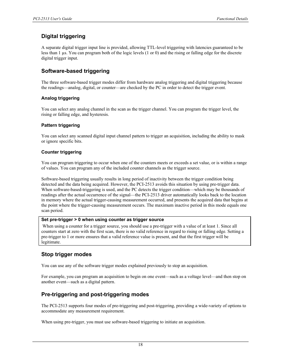 Digital triggering, Software-based triggering, Analog triggering | Pattern triggering, Counter triggering, Stop trigger modes, Pre-triggering and post-triggering modes | Measurement Specialties PCI-2513 User Manual | Page 18 / 34