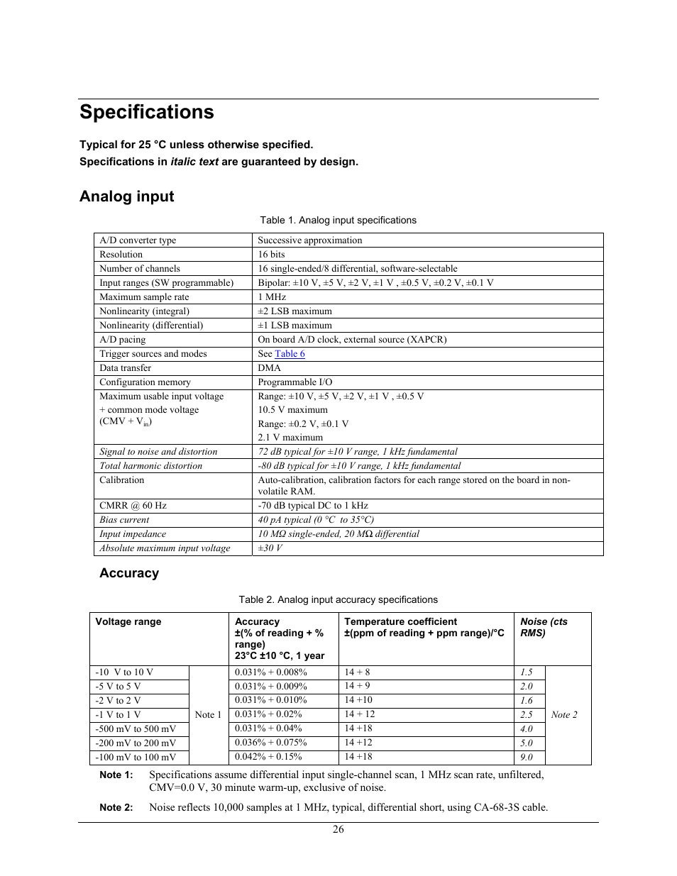 Specifications, Analog input, Accuracy | Chapter 6 | Measurement Specialties PCI-2513 User Manual | Page 26 / 34