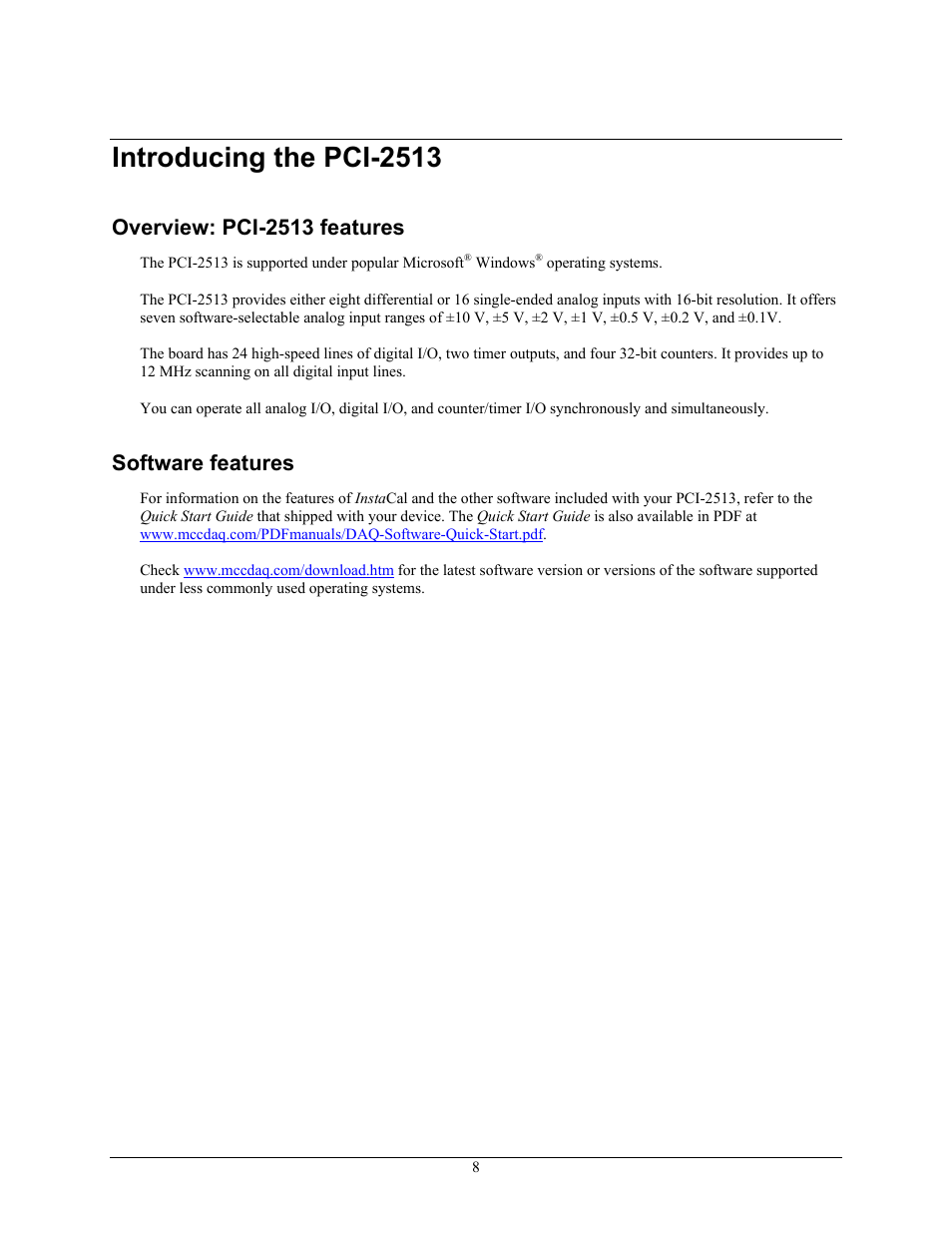Introducing the pci-2513, Overview: pci-2513 features, Software features | Measurement Specialties PCI-2513 User Manual | Page 8 / 34