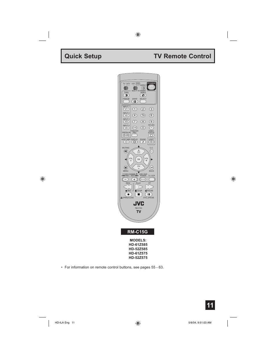 Tv remote control, Quick setup tv remote control, Rm-c15g | Mintek HD-61Z575 User Manual | Page 11 / 80