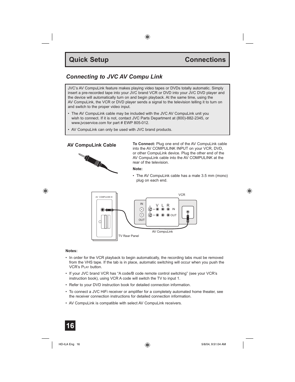 Quick setup connections, Connecting to jvc av compu link | Mintek HD-61Z575 User Manual | Page 16 / 80