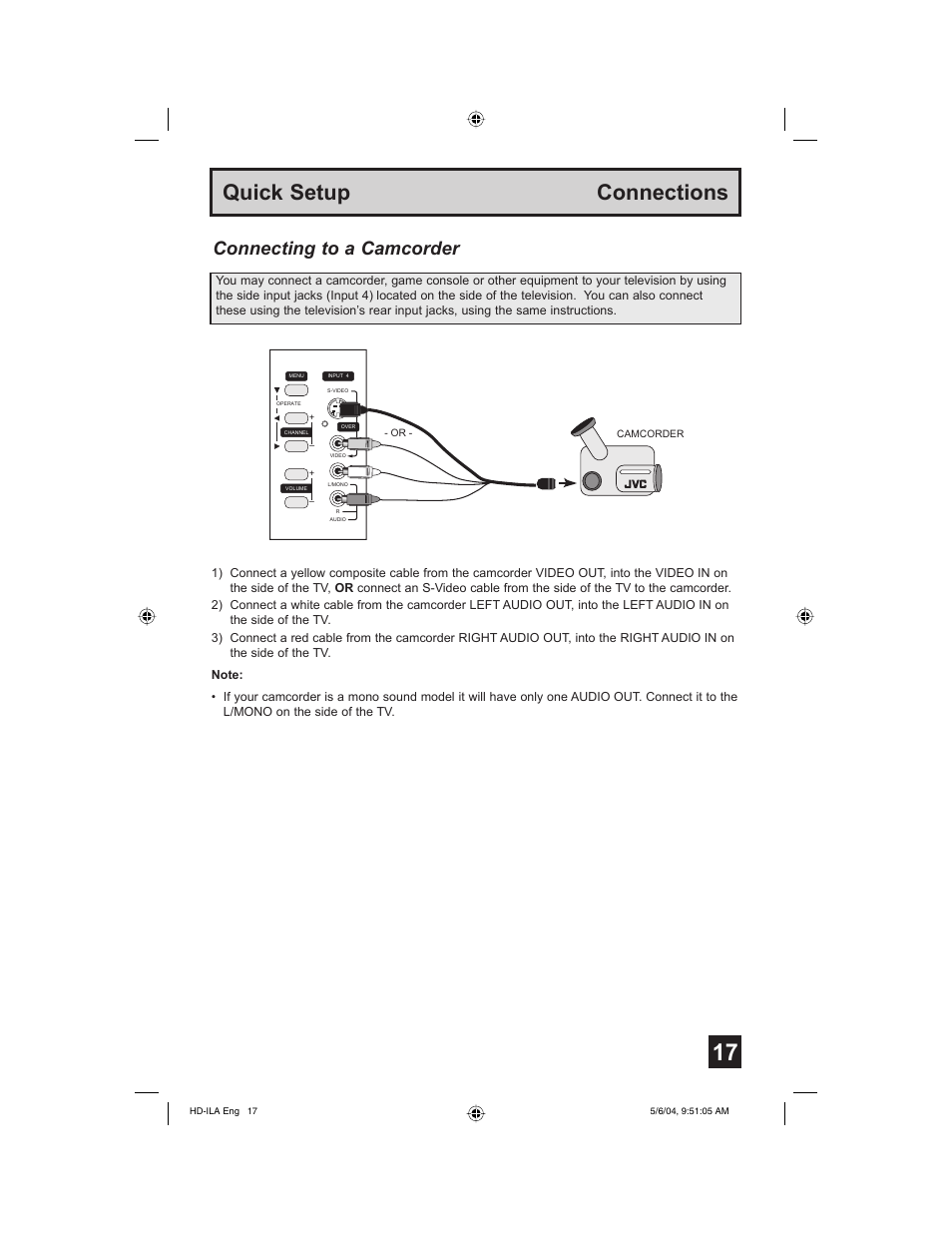 Quick setup connections, Connecting to a camcorder | Mintek HD-61Z575 User Manual | Page 17 / 80