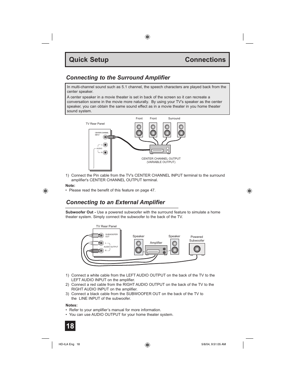 Quick setup connections, Connecting to the surround amplifier, Connecting to an external amplifier | Mintek HD-61Z575 User Manual | Page 18 / 80