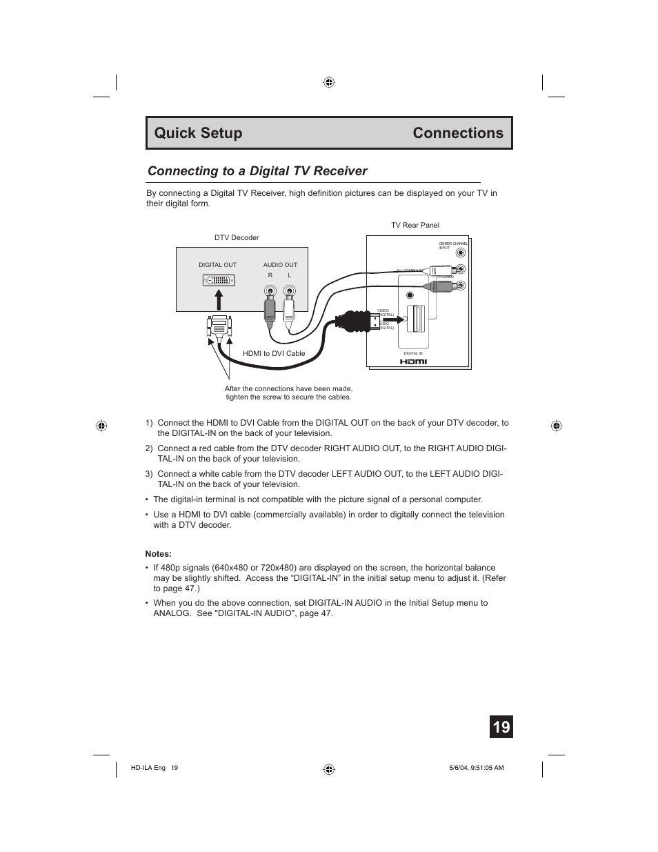 Quick setup connections, Connecting to a digital tv receiver | Mintek HD-61Z575 User Manual | Page 19 / 80