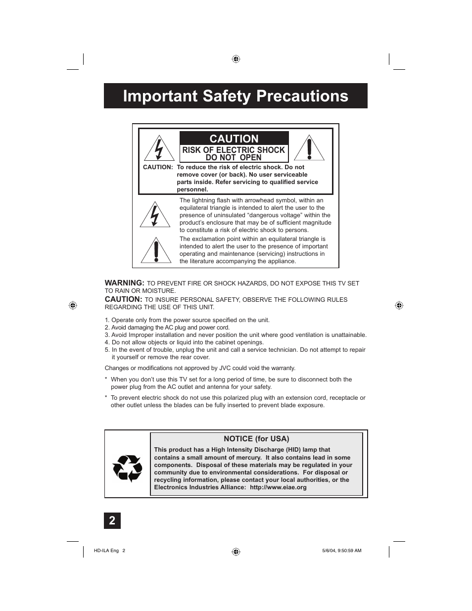 Important safety precautions, Caution | Mintek HD-61Z575 User Manual | Page 2 / 80