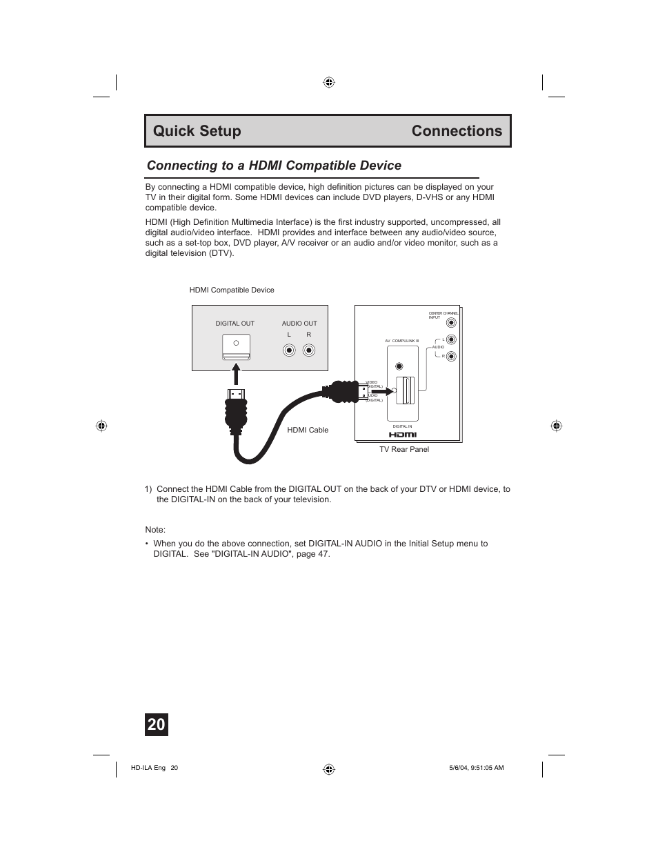 Quick setup connections, Connecting to a hdmi compatible device | Mintek HD-61Z575 User Manual | Page 20 / 80