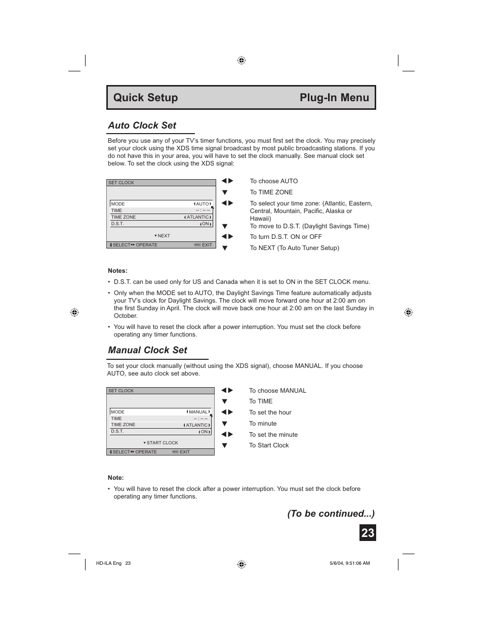 Quick setup plug-in menu, Manual clock set, Auto clock set (to be continued...) | Mintek HD-61Z575 User Manual | Page 23 / 80