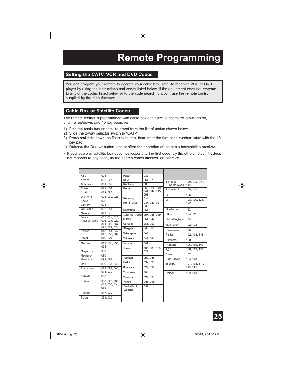 Remote programming, Setting the catv, vcr and dvd codes, Cable box or satellite codes | Mintek HD-61Z575 User Manual | Page 25 / 80